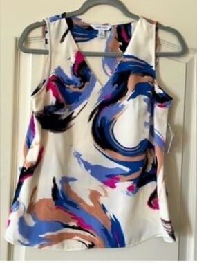 Nine West Women's White & Blue Abstract V-neck Sleeveless Tank Blouse-XL